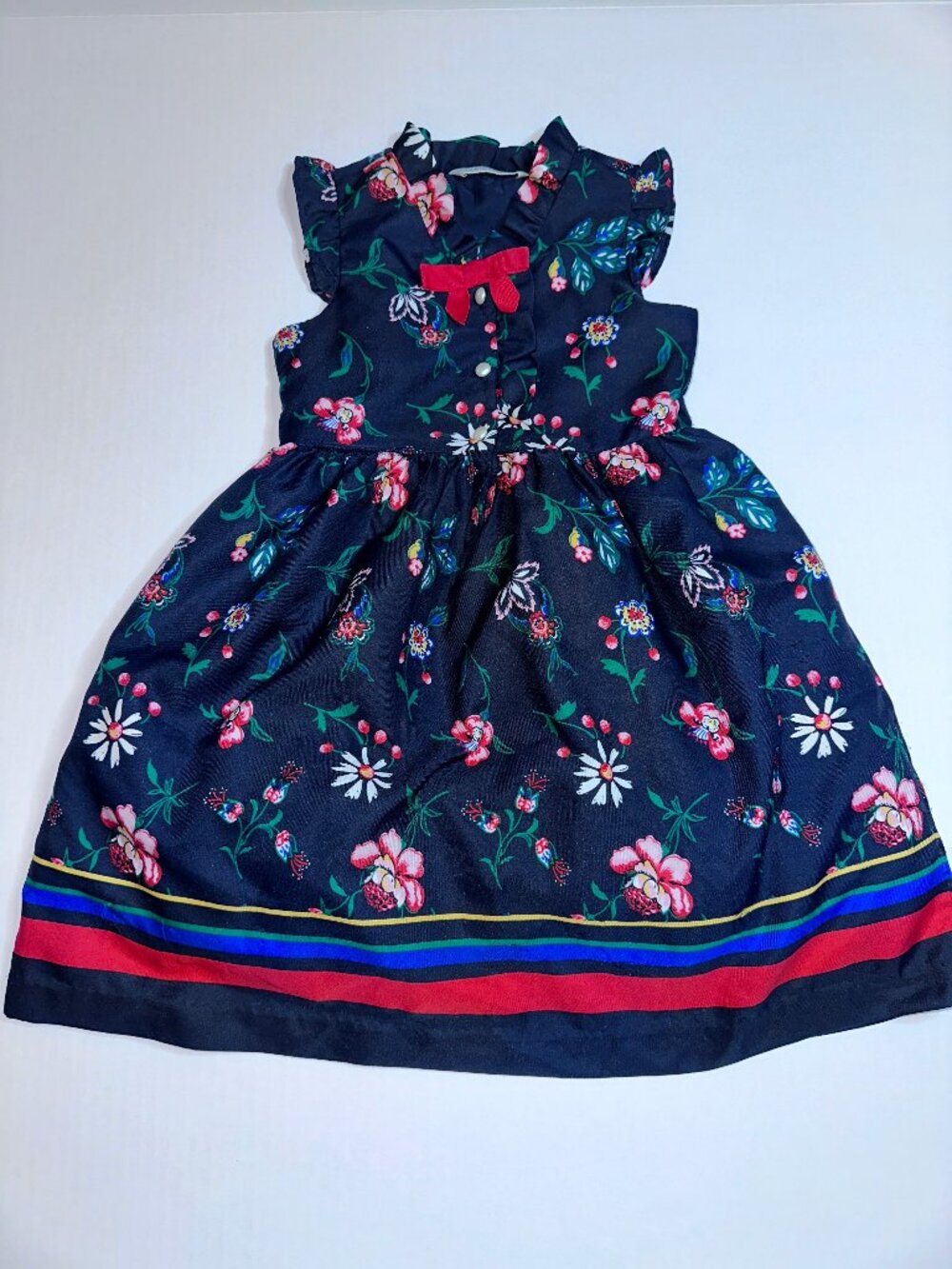 Janie and Jack Floral Striped Border Dress w/Red Bow Holiday Fall sz 3 3T #588